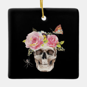 Ornement En Céramique Fleurs du crâne Araignée papillon Halloween Cadeau