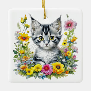 Ornement En Céramique Fleurs et chats Whimsical Noël personnalisé