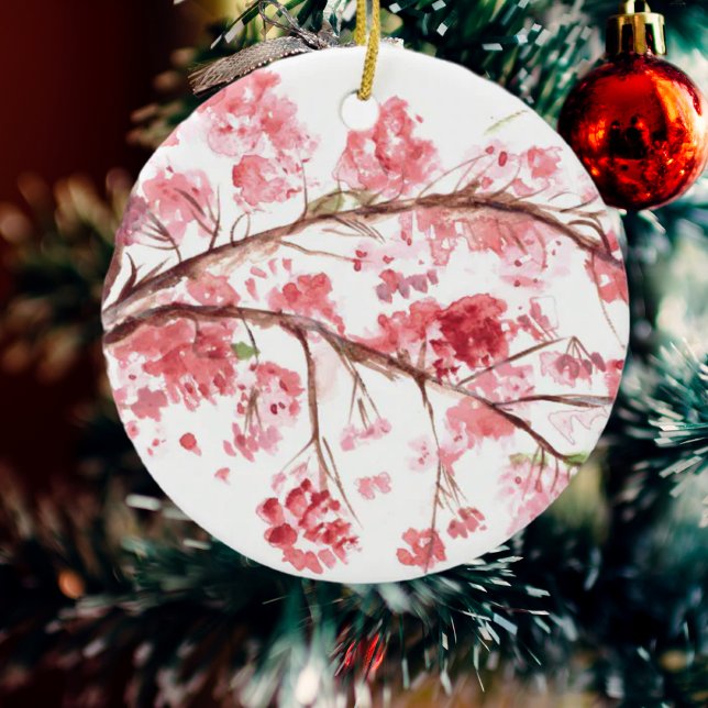 Ornement En Céramique Fleurs roses de cerisier sakura aquarelle (Créateur téléchargé)