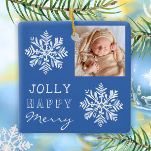 Ornement En Céramique Flocon de neige joyeux bleu Photo Noël Vacances