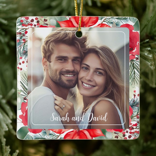 Ornement En Céramique Floral Notre premier Noël Engagé Ornament Photo (Créateur téléchargé)