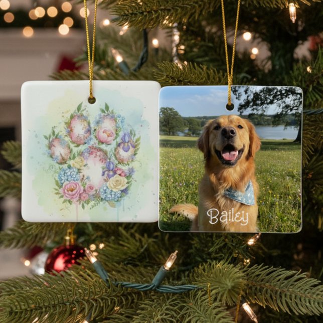 Ornement En Céramique Floral Paw Print and Photo Pet Christmas (Watercolor floral pawprint photo Christmas ornament)
