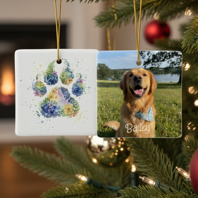 Ornement En Céramique Floral Paw Print and Photo Pet Christmas (Watercolor pawprint photo Christmas ornament)