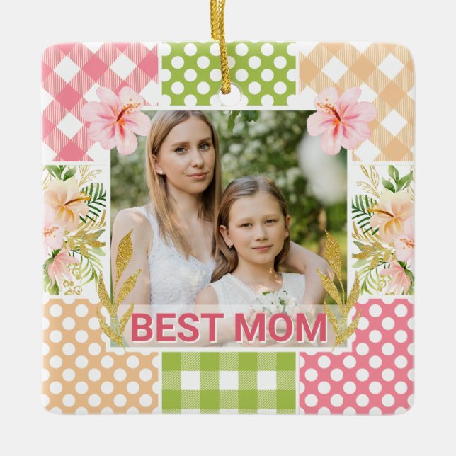 Ornement En Céramique Floral & Plaid Photo Frame Mother's Day (Devant)