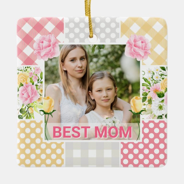 Ornement En Céramique Floral & Plaid Photo Frame Mother's Day (Devant)