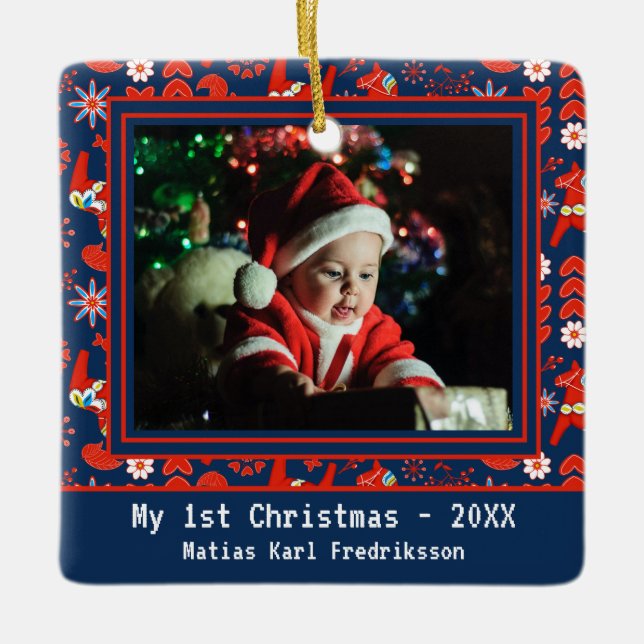 Ornement En Céramique Folk Art Rouge Dala Cheval suédois Mon 1er Noël (Devant)