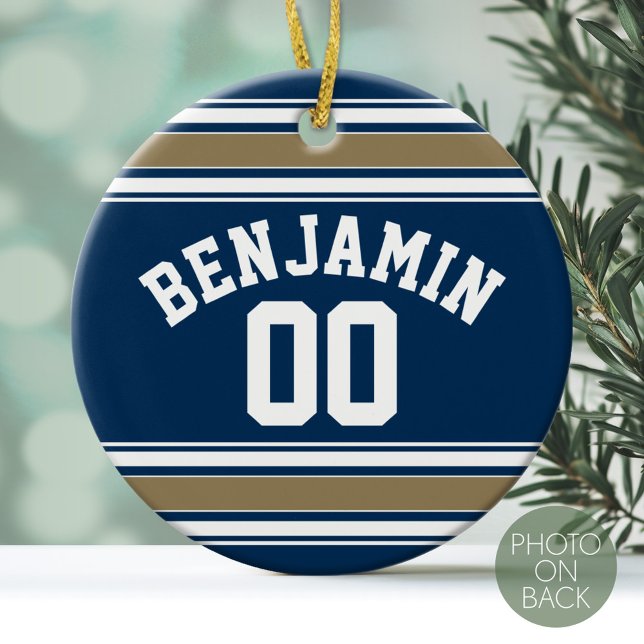 Ornement En Céramique Football Jersey Navy Blue Gold Stripes Nom Numéro (Personalized Christmas Photo Ornament - Football Sorts Jersey Stripes)