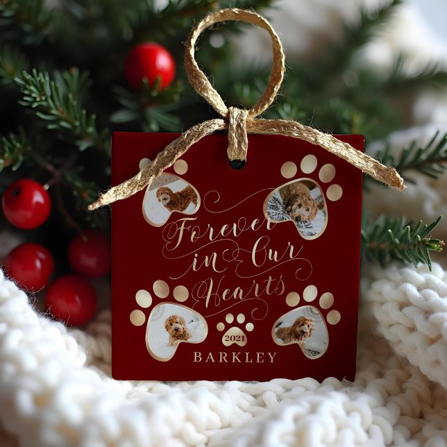 Ornement En Céramique Forever in Our Hearts Photo Empreinte de patte Pet (Forever in Our Hearts Paw Print Photo Pet Memorial Ceramic Ornament)