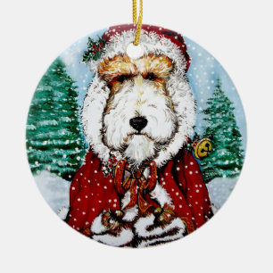 Ornement En Céramique Fox Terrier Père Noël de fil