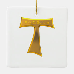 Ornement En Céramique Franciscain Tau Cross Pax Et Bonum Gold Metallic