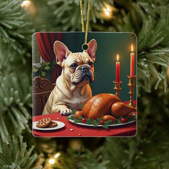 Ornement En Céramique French Bulldog Christmas Eve Feast Painting (Arbre)