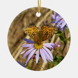 Ornement En Céramique Fritillaire Hydaspe sur fleurs d'aster pourpre