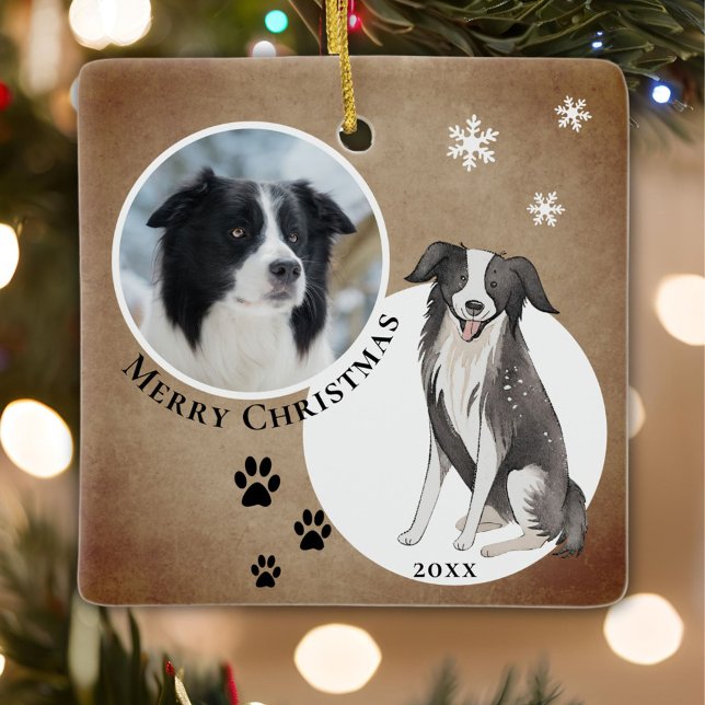 Ornement En Céramique Frontière Russe Collie Dessin Paw Joyeux Noël (Créateur téléchargé)