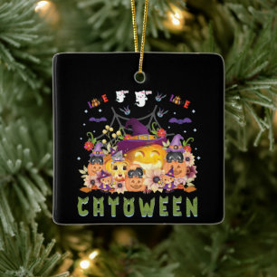 Ornement En Céramique Fun Casquette violet Catoween, mignon Citrouille o