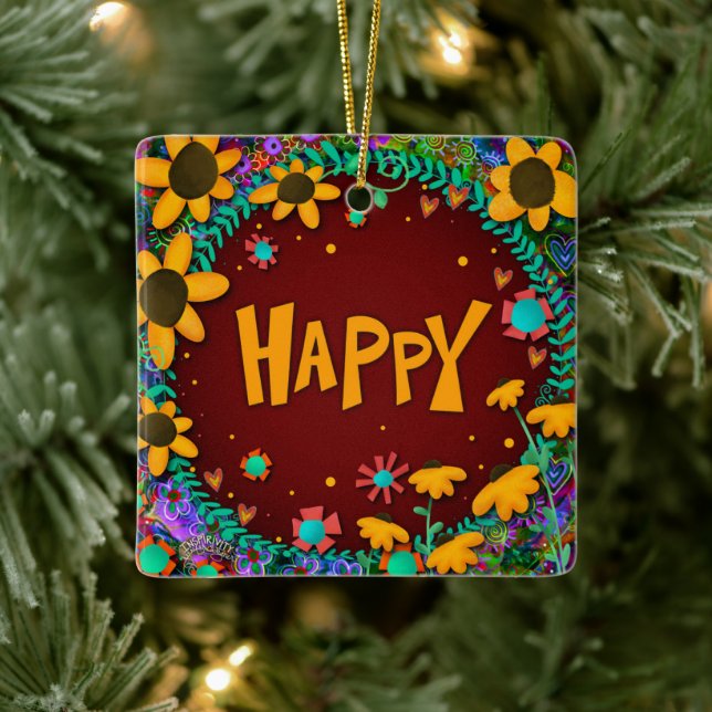 Ornement En Céramique Fun Floral Jaune Daisy Happy Inspirivity (Arbre)