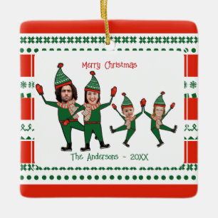 Ornement En Céramique Funny Elf Famille de quatre Photo Rouge Vert Noël