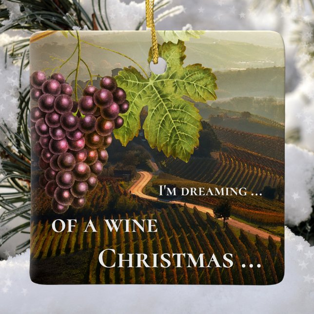 Ornement En Céramique Funny Wine Christmas Personalized (Ornament featuring a landscape scene with vineyards and an image of grapes with vine ranks)