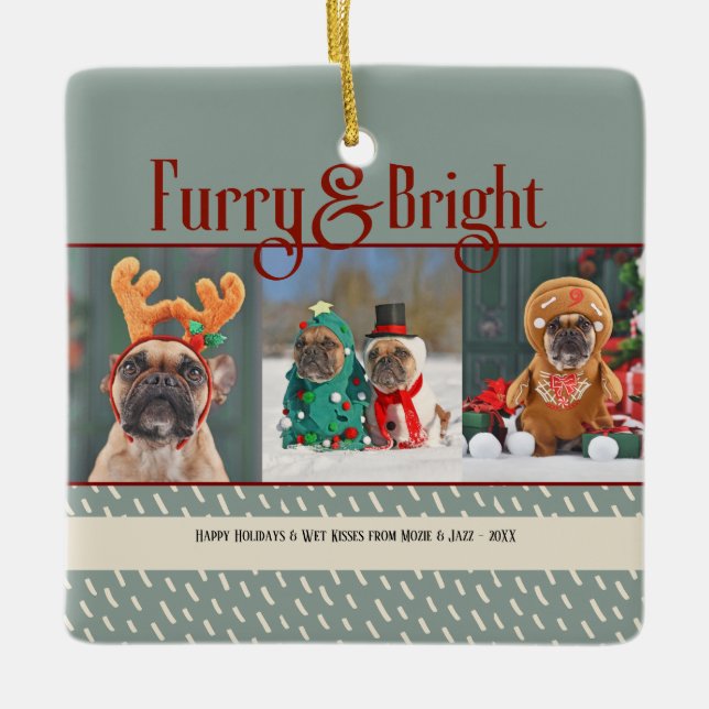 Ornement En Céramique Furry & Bright Dog Christmas Photo Holiday (Devant)