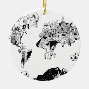 Ornement En Céramique galaxie 3 noirs et blancs de carte du monde
