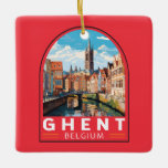 Ornement En Céramique Gand Belgique Travel Art Vintage<br><div class="desc">Design de déplacement vectoriel rétro de Gand. Gand est bien connu pour ses grands carrés publics et ses marchés,  dont le principal est le Vrijdagmarkt ("Marché du Vendredi"),  le centre de la vie de la ville médiévale.</div>