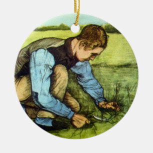 Ornement En Céramique Garçon coupant de l'herbe avec une faucille par Vi
