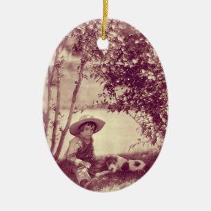 Ornement En Céramique Garçon vintage Avec Chien À L'Ornement Du Repos