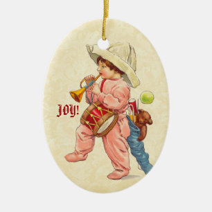 Ornement En Céramique Garçon vintage de Noël marchant avec le tambour