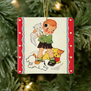 Ornement En Céramique Garçon vintage sauvant un chaton de chiots de cour