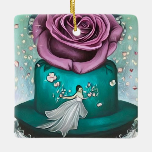 Ornement En Céramique Gâteau et fleur Mariage turquoise (Devant)