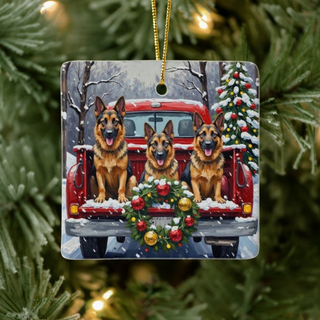 Ornement En Céramique German Shepherd Christmas Red Truck Holiday (Arbre)
