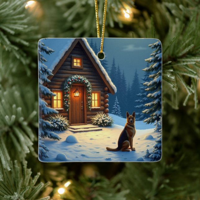 Ornement En Céramique German Shepherd Snowy Forest Cabin Christmas Paint (Arbre)