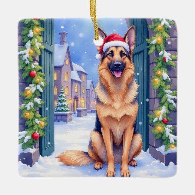Ornement En Céramique German Shepherd Snowy Town Gate Santa Christmas (Devant)