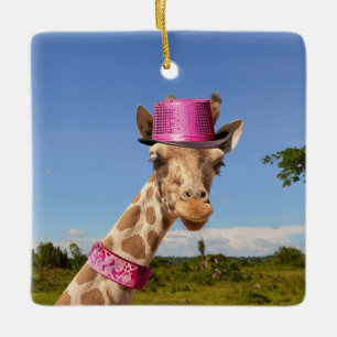Ornement En Céramique Giraffe en casquette rose étincelant