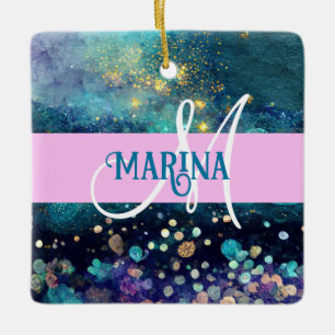 Ornement En Céramique Glam Sirène Aqua Or Glitter Paillettes Monogramme