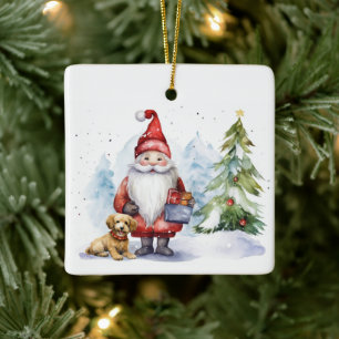 Ornement En Céramique Gnome de Noël avec cadeau