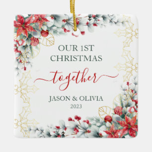 Ornement En Céramique Gold Holly Verdure Floral 1er Noël Ensemble