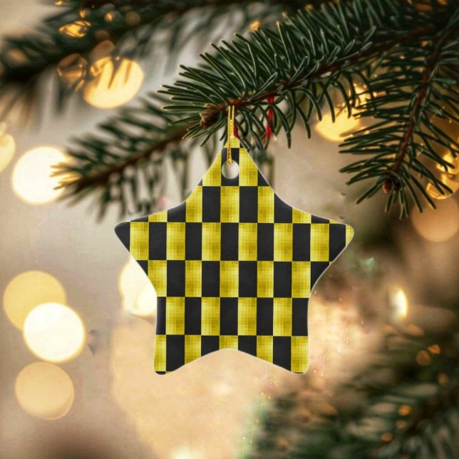 Ornement En Céramique Gold-Paneled-Black-IV (Check out this Gold-Paneled Black-IV Ceramic Ornament with its checkerboard design!)