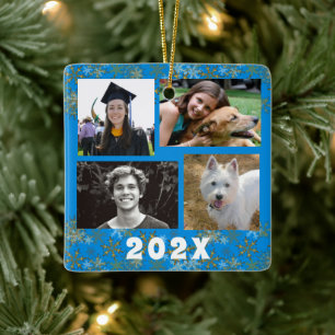 Ornement En Céramique Gold Snowflakes Family Photo Collage Date