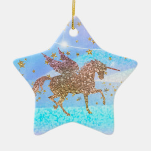 Ornement En Céramique Gold Stars Parties scintillant Flying Unicorn Purp
