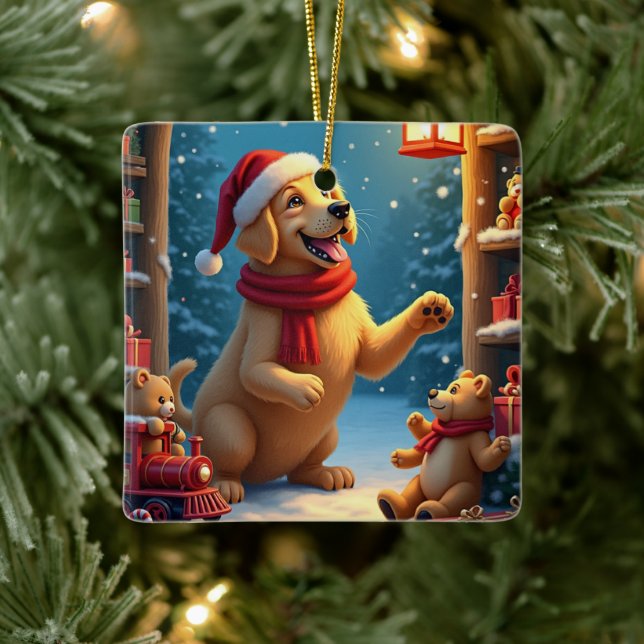 Ornement En Céramique Golden Retriever in Santa’s Workshop Christmas (Arbre)