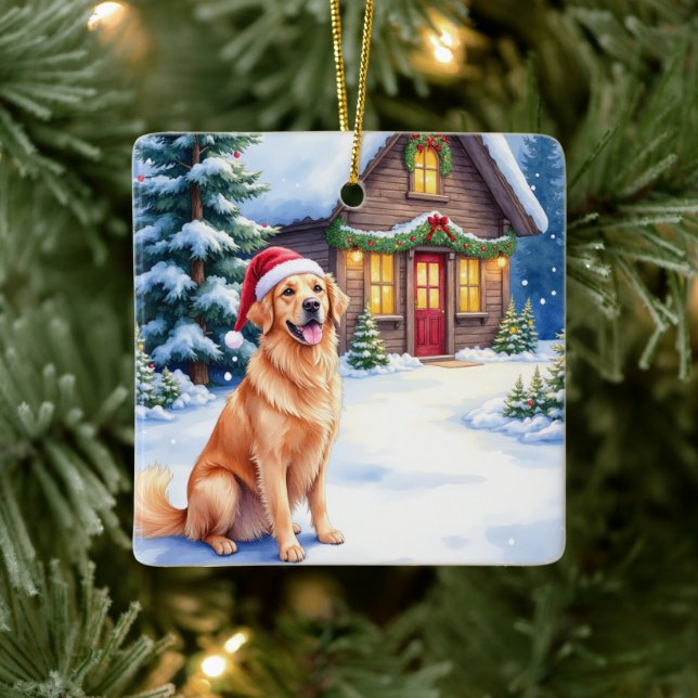 Ornement En Céramique Golden Retriever Rustic Cabin Santa Hat Christmas (Arbre)