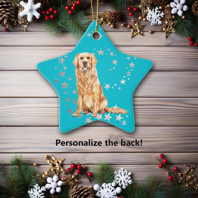Ornement En Céramique Golden Retriever Silver Stars Noël Turquoise (Créateur téléchargé)