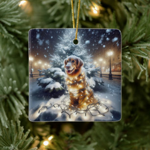 Ornement En Céramique Golden Retriever Tangé Dans Les Lumières De Noël