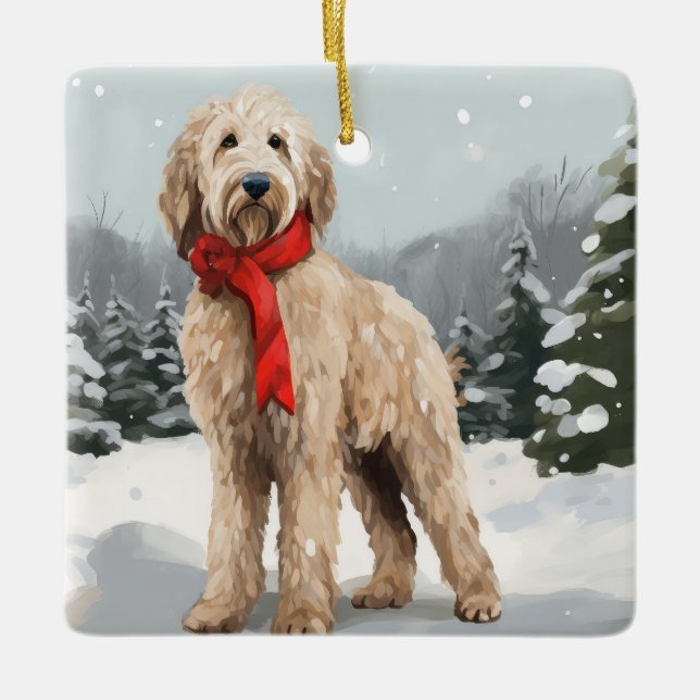 Ornement En Céramique Goldendoodle Chien dans Noël de neige (Devant)