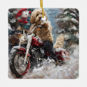 Ornement En Céramique Goldendoodle Chien équitation Moto Noël