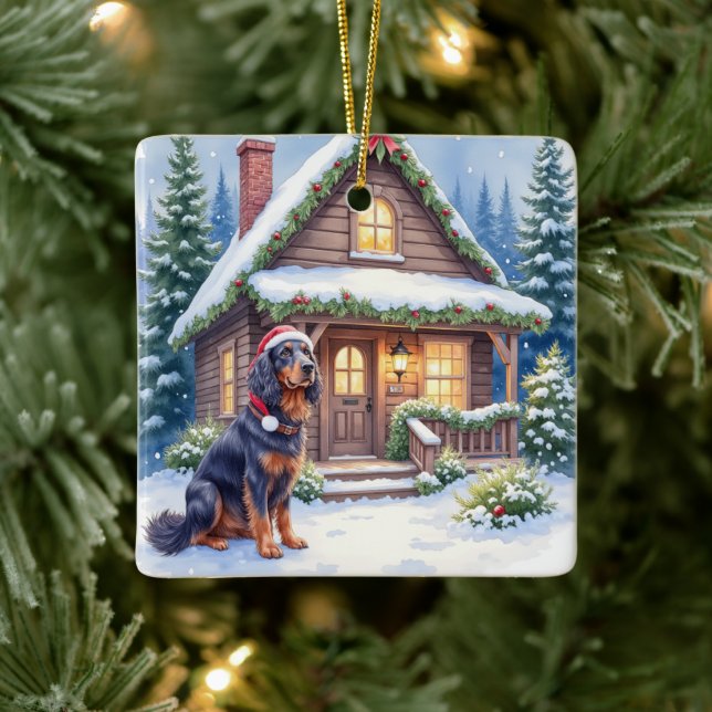 Ornement En Céramique Gordon Setter Snowy Lodge Santa Hat Christmas Art (Arbre)
