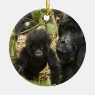 Ornement En Céramique Gorille des montagnes, adulte avec jeune