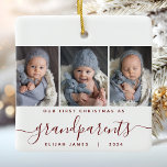 Ornement En Céramique Grand-parents 1er Noël 3 Photo Bourgogne Script<br><div class="desc">Aidez-les à commémorer le premier Noël de leur petit-enfant avec ce magnifique ornement moderne de gardien. Le texte gris dit "Notre premier Noël en tant que grands-parents", avec le mot "grands-parents" dans un élégant script d'écriture manuscrite rouge bordeaux avec des fioritures avant et après. Remplacez les trois exemples d'images par...</div>