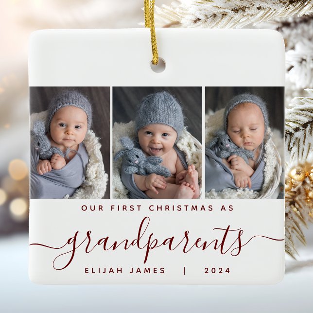 Ornement En Céramique Grand-parents 1er Noël 3 Photo Bourgogne Script (Créateur téléchargé)