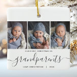 Ornement En Céramique Grand-parents 1er Noël 3 Photo Gris Script<br><div class="desc">Aidez-les à commémorer le premier Noël de leur petit-enfant avec ce magnifique ornement moderne de gardien. Le texte gris dit "Notre premier Noël en tant que grands-parents", avec le mot "grands-parents" dans un élégant script d'écriture manuscrite avec des fioritures avant et après. Remplacez les trois exemples d'images par vos photos...</div>